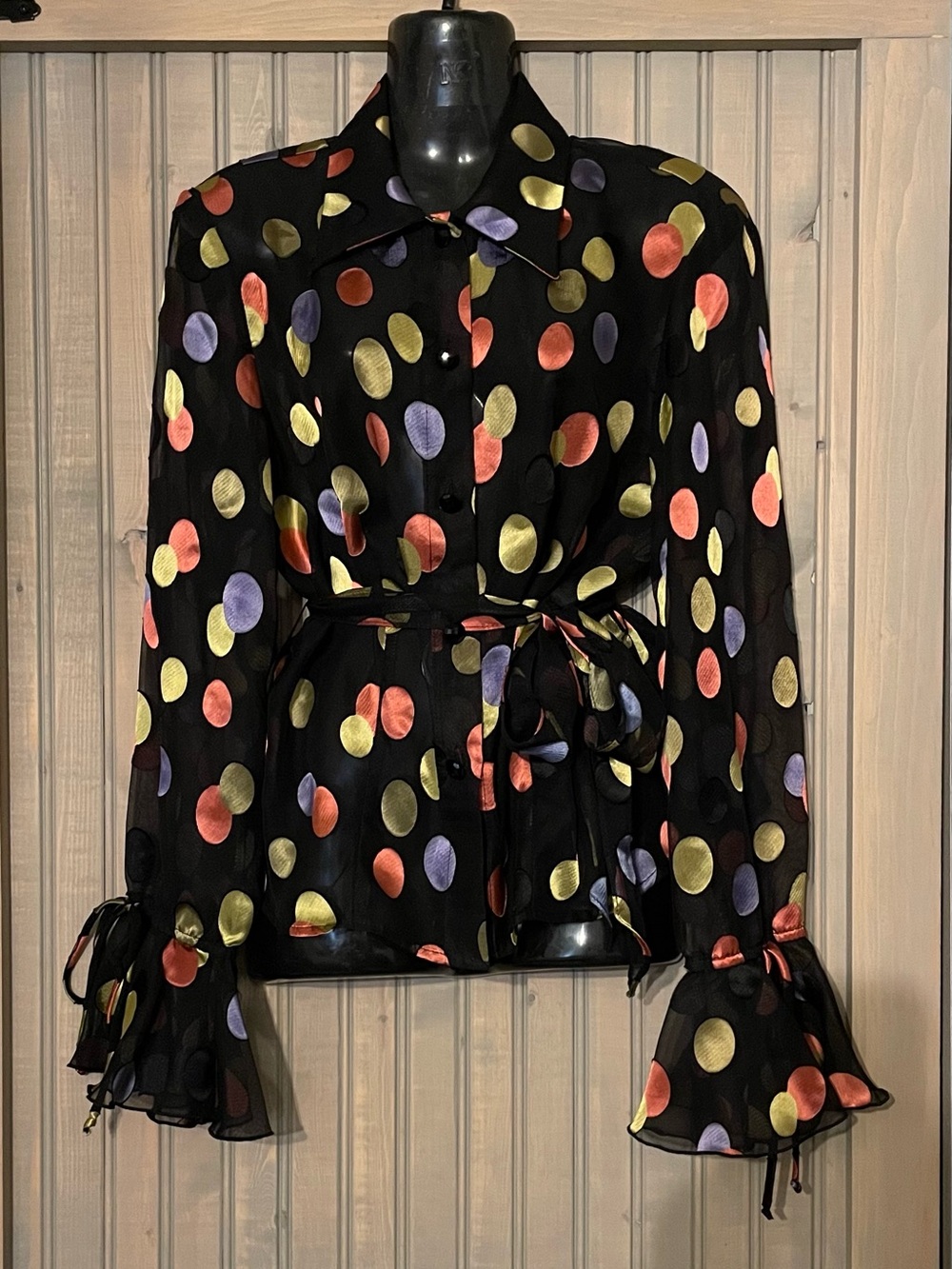 Joseph Ribkoff Black Blouse with Multicolor Polka Dots